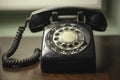 Antique retro vintage black rotary telephone with coiled cord on a wood desk