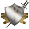 Antique riveted shield with cross,scroll and two swords. Royalty Free Stock Photo