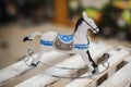 Antique rocking horse toy in white and blue Royalty Free Stock Photo