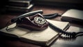 Antique rotary phone on desk, surrounded by old literature books generated by AI Royalty Free Stock Photo