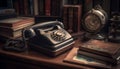 Antique rotary phone on old desk, amidst literature and memories generated by AI