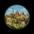 Antique round plate depicting a church. round picture for decoupage with a temple.