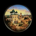 Antique round plate depicting a church. round picture for decoupage with a temple.