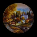 Antique round plate depicting a church. round picture for decoupage with a temple.