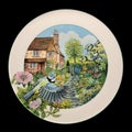 Antique round plate with the image of a bird. round picture for decoupage with a bird.