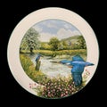 Antique round plate with the image of a bird. round picture for decoupage with a bird.