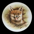 Antique round plate with the image of foxes. round picture for decoupage with animals.