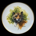 antique round plate with the image of tigers. round picture for decoupage with animals.