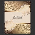 Antique royal luxury wedding invitation, gold on beige background with frame and place for text, lacy foliage made of roses or Royalty Free Stock Photo