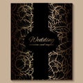 Antique royal luxury wedding invitation, gold on black background with frame and place for text, lacy foliage made of roses or Royalty Free Stock Photo