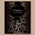 Antique royal luxury wedding invitation, gold on black background with frame and place for text, lacy foliage made of roses or Royalty Free Stock Photo