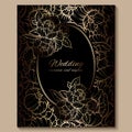 Antique royal luxury wedding invitation, gold on black background with frame and place for text, lacy foliage made of roses or Royalty Free Stock Photo