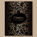 Antique royal luxury wedding invitation, gold on black background with frame and place for text, lacy foliage made of roses or Royalty Free Stock Photo