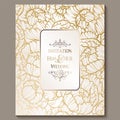 Antique royal luxury wedding invitation, gold on white background with frame and place for text, lacy foliage made of roses or Royalty Free Stock Photo