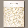 Antique royal luxury wedding invitation, gold on white background with frame and place for text, lacy foliage made of roses or Royalty Free Stock Photo