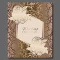 Antique royal luxury wedding invitation, gold on white background with frame and place for text, lacy foliage made of roses or Royalty Free Stock Photo
