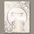 Antique royal luxury wedding invitation, gold on white background with frame and place for text, lacy foliage made of roses or Royalty Free Stock Photo