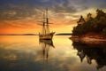 antique sailboat anchored in a serene bay at sunset Royalty Free Stock Photo