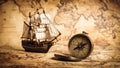Antique sailboat and compass on vintage world map exploring navigation and discovery Royalty Free Stock Photo