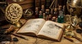 Antique scientific instruments and open book on a vintage map background science history Royalty Free Stock Photo
