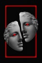 Antique sculpture of human face surreal collage in pop art style. Modern image with cut details of statue head. Red eyes