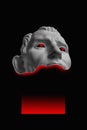 Antique sculpture of human face surreal collage in pop art style. Modern image with cut details of statue head. Red eyes