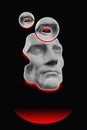 Antique sculpture of human face surreal collage in pop art style. Modern image with cut details of statue head. Red eyes