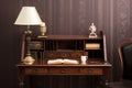 An antique secretary desk that complements a vintage home office with rich, deep brown tones