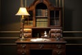 An antique secretary desk that complements a vintage home office with rich, deep brown tones