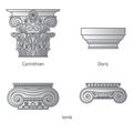 Antique set of Greek historical capitals for Calon: Ionic, Doric and Corinthian capitals Vector line illustration