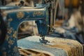 An antique sewing machine is ready to work on the table