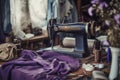 An antique sewing machine is ready to work on the table