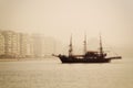 antique ship in the port of Thessaloniki a day with fog