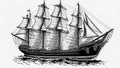 Antique ship. Ship sailing yacht boat antique, vintage, black ink hand drawing.