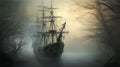 Antique ship silhouetted against a backdrop of fog and trees. AI-generated.