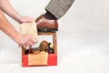 Antique shoe shine box and worker