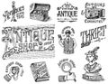 Antique shop labels or badges set. Collection of vintage victorian ancient logo for t-shirts, typography or signboards