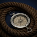 Antique silver-colored compass with cardinal directions sits at the center of a coiled, Royalty Free Stock Photo