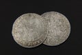 Antique silver Polish coins on black background Royalty Free Stock Photo