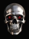 An antique silver skull with ruby eyes exuding a menacing aura. Gothic art. AI generation