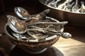 antique silver spoons displayed in a glass or wooden bowl