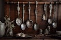 antique silver spoons hanging from ribbon on wooden display board Royalty Free Stock Photo