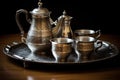 antique silver teapot and cups on a tray Royalty Free Stock Photo