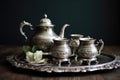 antique silver teapot and cups on a tray Royalty Free Stock Photo