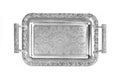 Antique silver tray with handles. Old luxury tray isolated on white background with clipping path. Closeup, top view