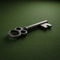 Antique skeleton key on a textured green surface. The key is metallic and features a Royalty Free Stock Photo
