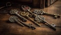 Antique skeleton key unlocks old fashioned door with ornate brass decoration generated by AI Royalty Free Stock Photo