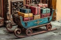 A antique sled with presents waiting by an ornate front door Royalty Free Stock Photo