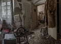antique spinning wheel in abandoned house panorama