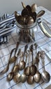 Antique spoons. Cutlery. Collection of teaspoons. Old crockery.